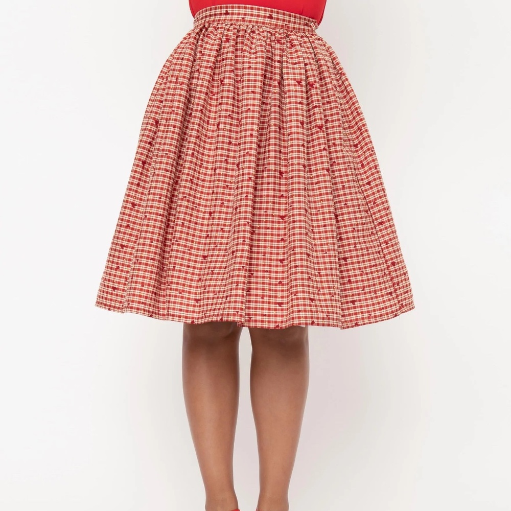 Unique Vintage Red Plaid & Hearts Gellar Swing Skirt - Size M/6-8